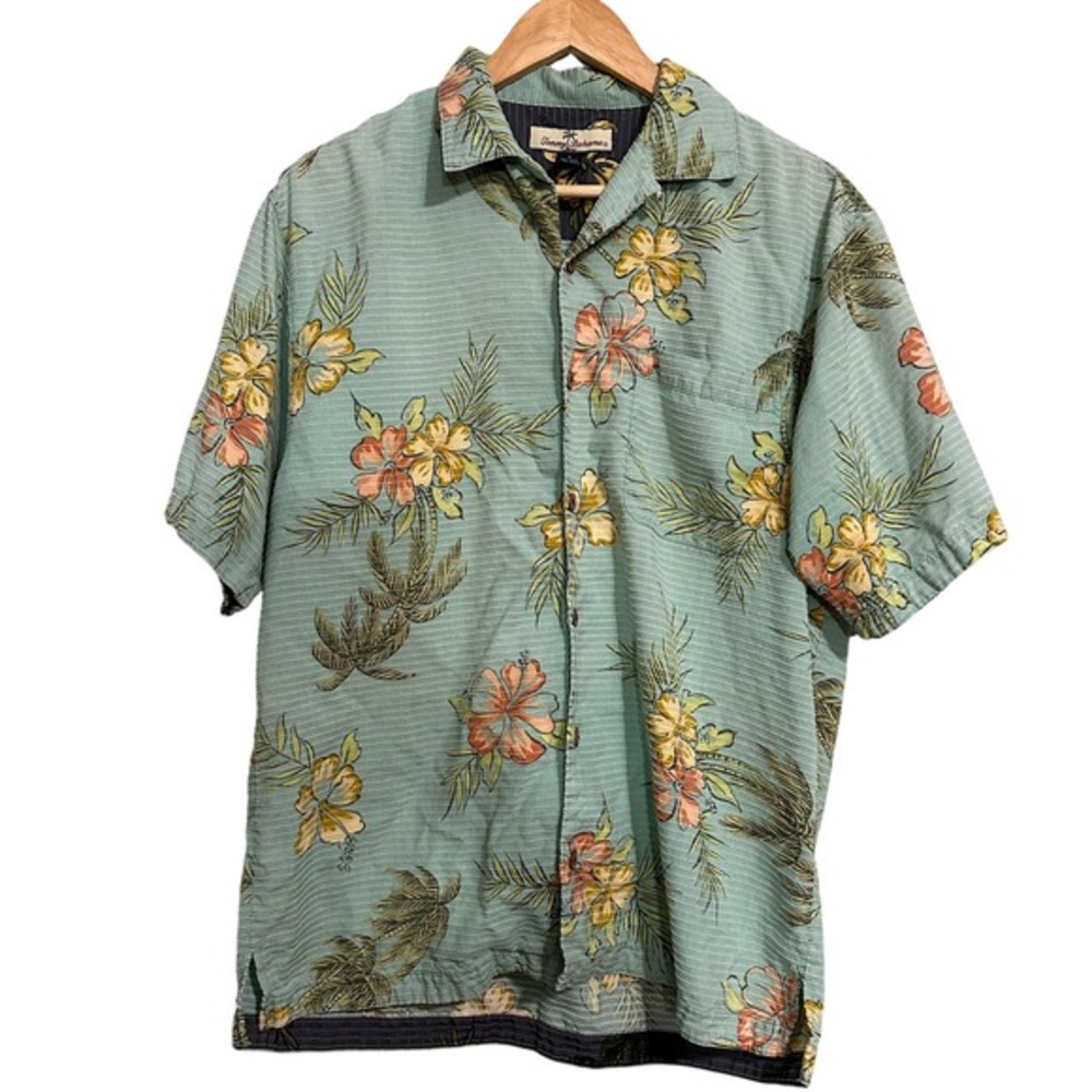 Tommy Bahama Camp‎ Shirt Mens S Green Good Silk Cotton Tropical Floral